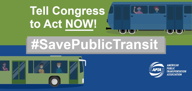 Image of buses with passengers that reads tell congress to act now #save public transit