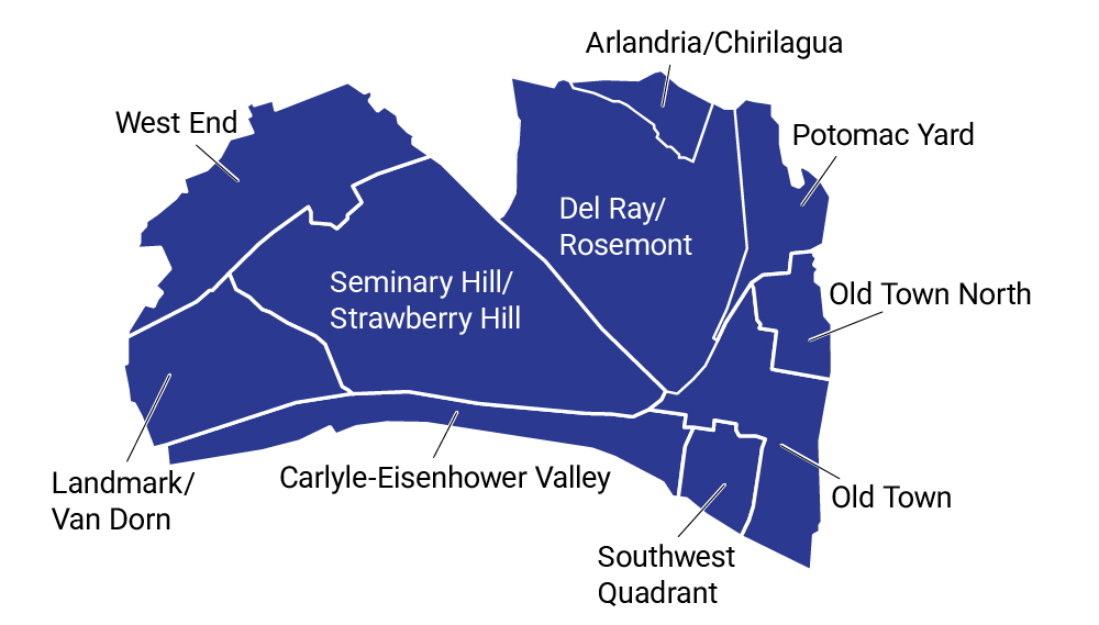 Approximated map of neighborhoods in Alexandria, including: Arlandia/Chirilagua, Potomac Yard, Old Town North, Old Town, Southwest Quadrant, Carlyle-Eisenhower Valley, Landmark/Van Dorn, West End, Seminary Hill/Strawberry Hill, Del Ray/Rosemont 