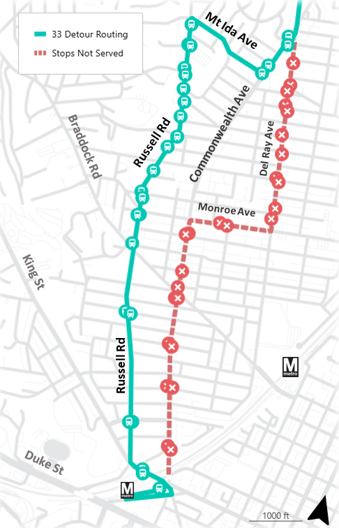 A map showing the Line 33 detour through Del Ray on November 27 2025