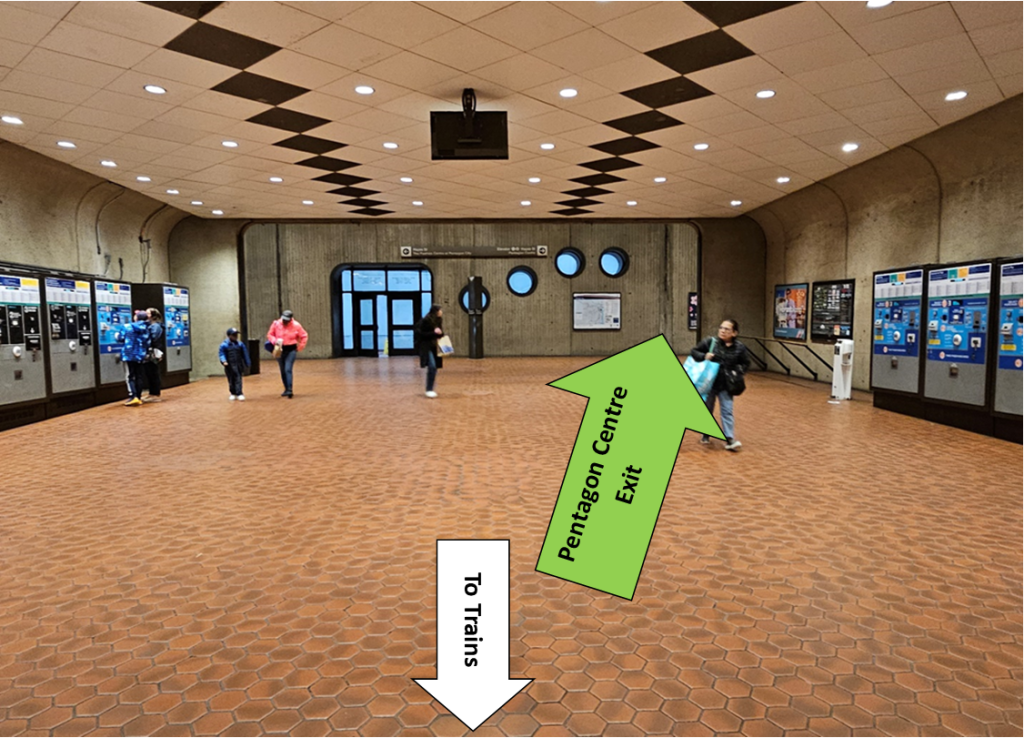 From Pentagon City station mezzanine, exit RIGHT for Pentagon Centre