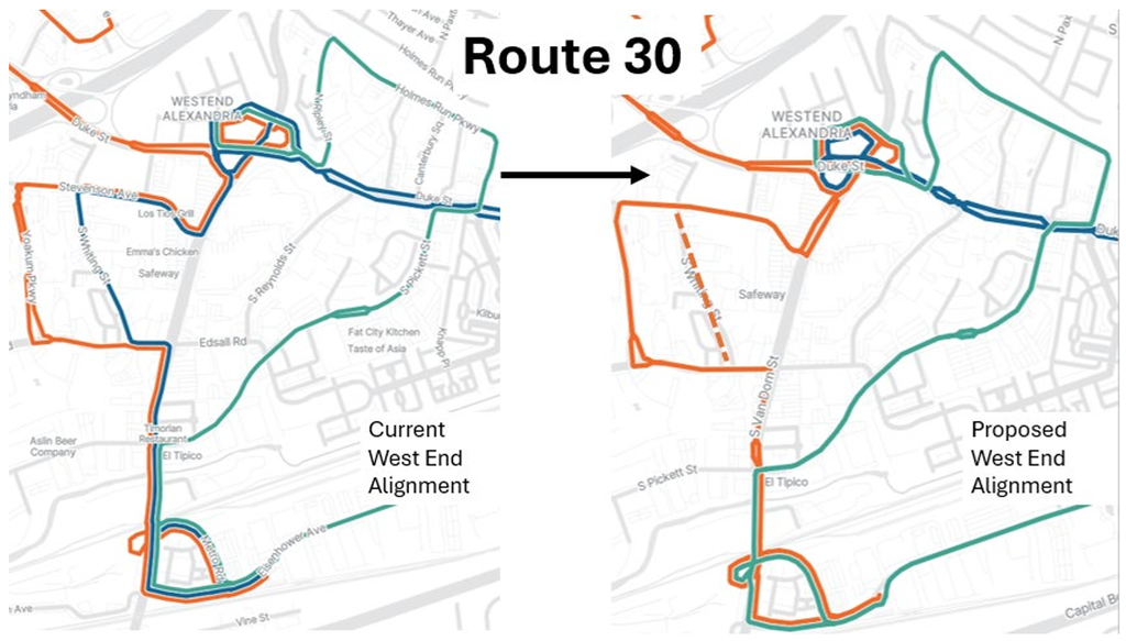 Map of DASH Route 30 with section between West Alexandria Transit Center and Van Dorn Metro stops removed.