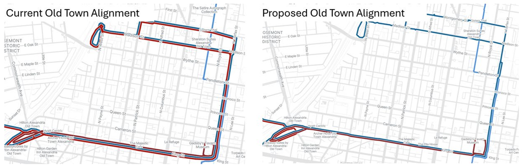 Map of DASH Route 30, 31 and Trolley with end section of route 30 removed between King Street Metro and Braddock Road Metro.