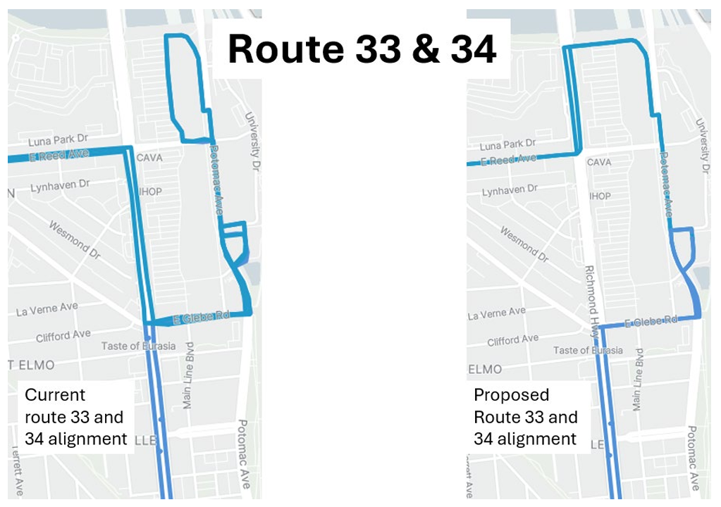 Map of DASH Routes 33 & 34 with stops along a section of Richmond highway removed between Glebe Rd and Reed Ave to reduce overlap.