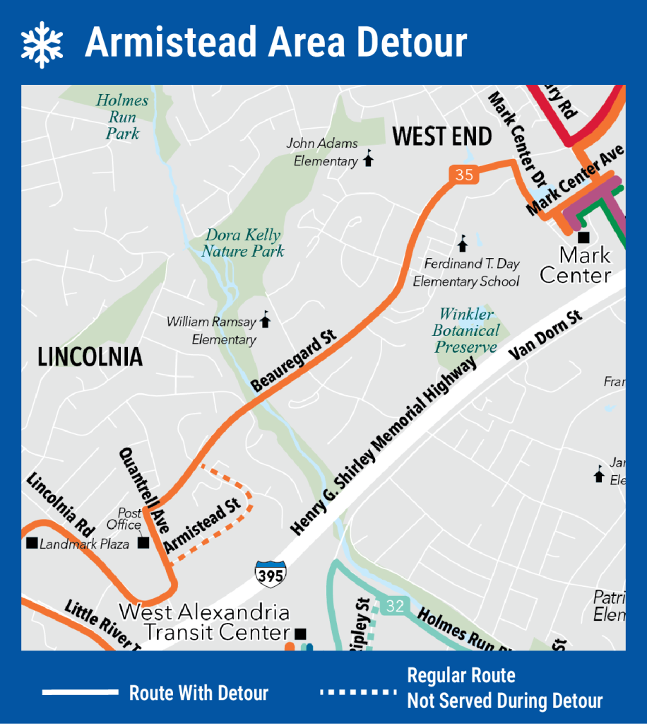 Map showing the Armistead area snow detour