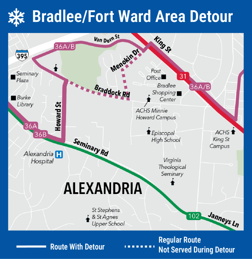 Map showing the Bradlee/Fort Ward area snow detour