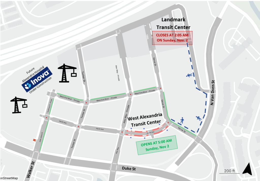 Map showing location of old Landmark Transit Center and new West Alexandria Transit Center.