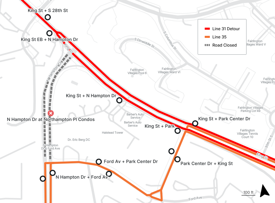 A map showing the Line 31 detour along King Street during road repairs on N Hampton Drive.