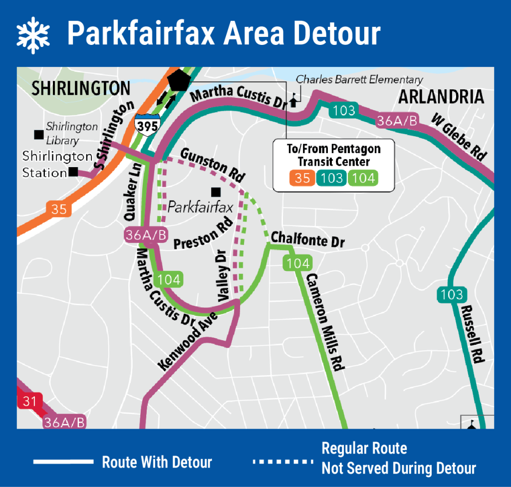 Map showing the Parkfairfax area snow detour