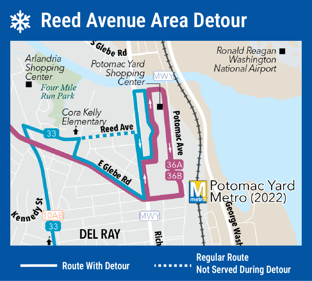Map showing the Reed Avenue area snow detour