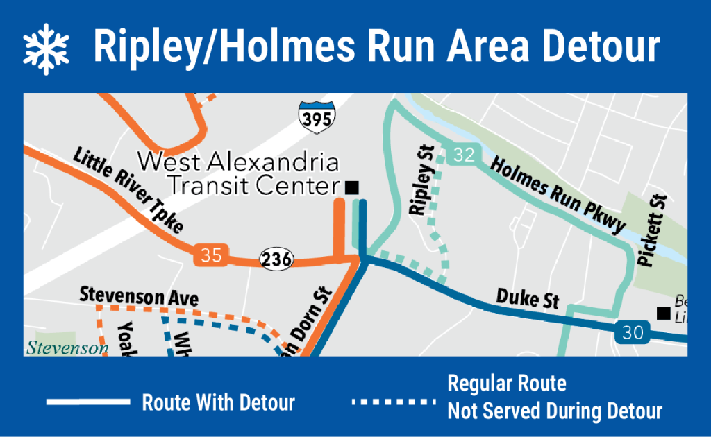 Map showing the Ripley/Holmes Run area snow detour