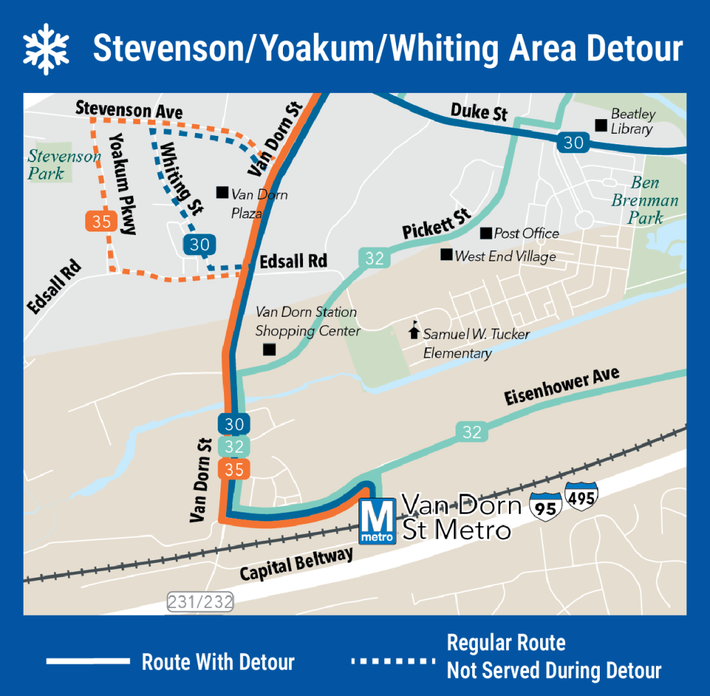 Map showing the Stevenson/Yoakum/Whiting area snow detour